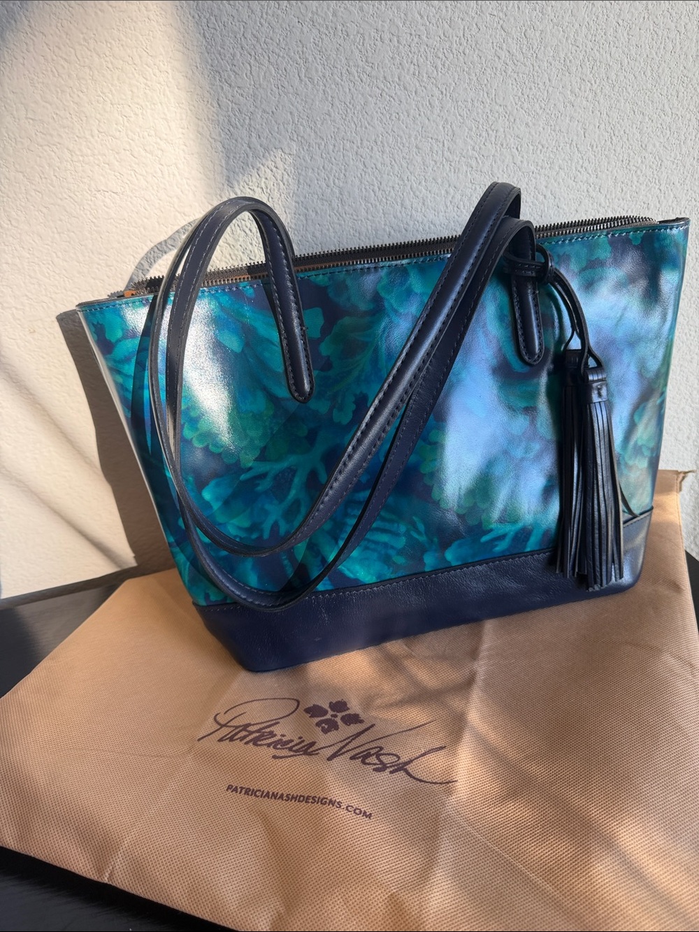 Patricia Nash Teal & Navy Floral Leather Shoulder Tote with Tassel